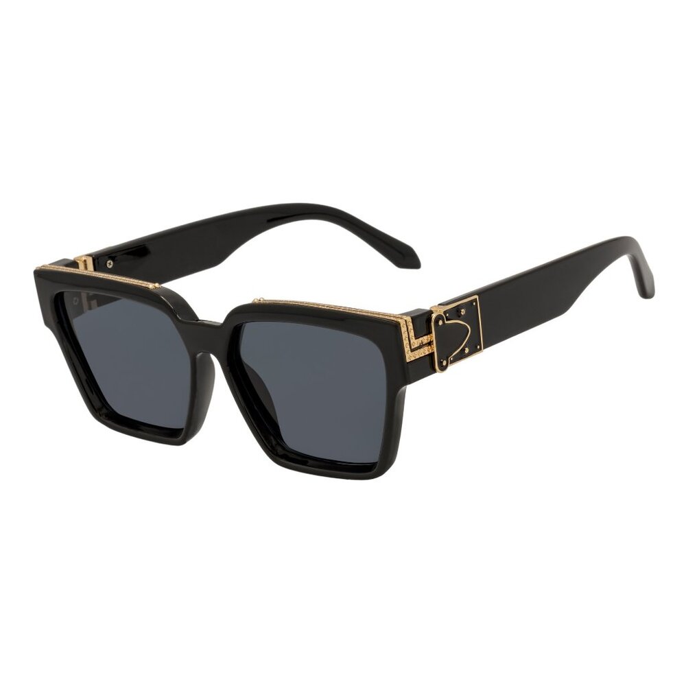 Millionaire Fashion Metal Accent Square Sunglasses Gloss Black-Gold Smoke Tint